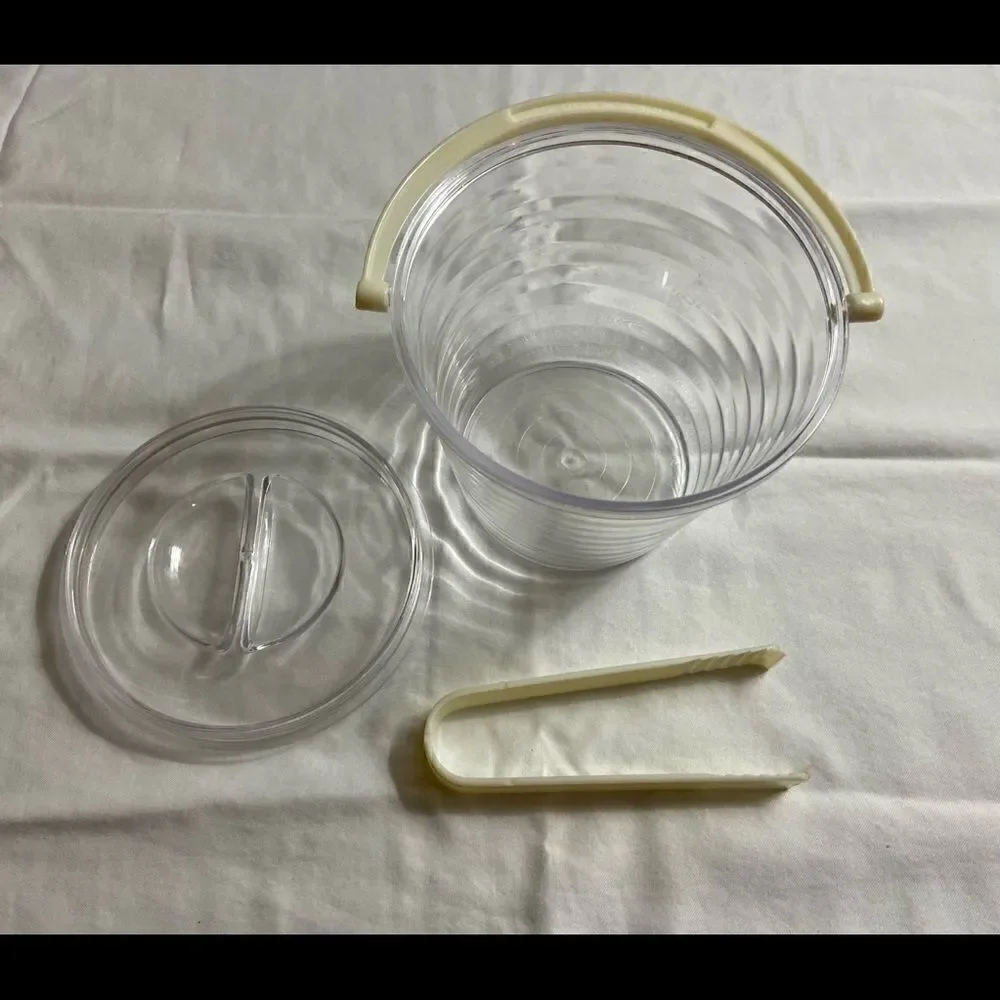 Vintage MCM Plastic Ribbed Ice Bucket w Cream Handle and Tongs EVC.